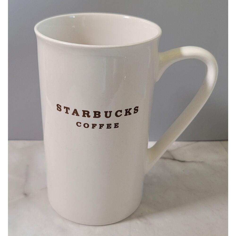 Starbucks 2003 White with Brown Lettering Tall Ceramic Coffee Tea Mug 12oz